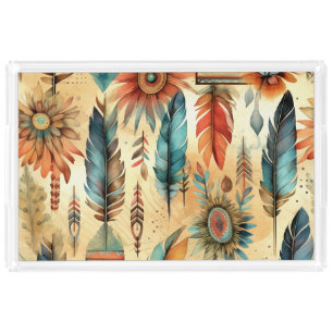 Aztec Boho Tribal Blue Feathers Acrylic Tray