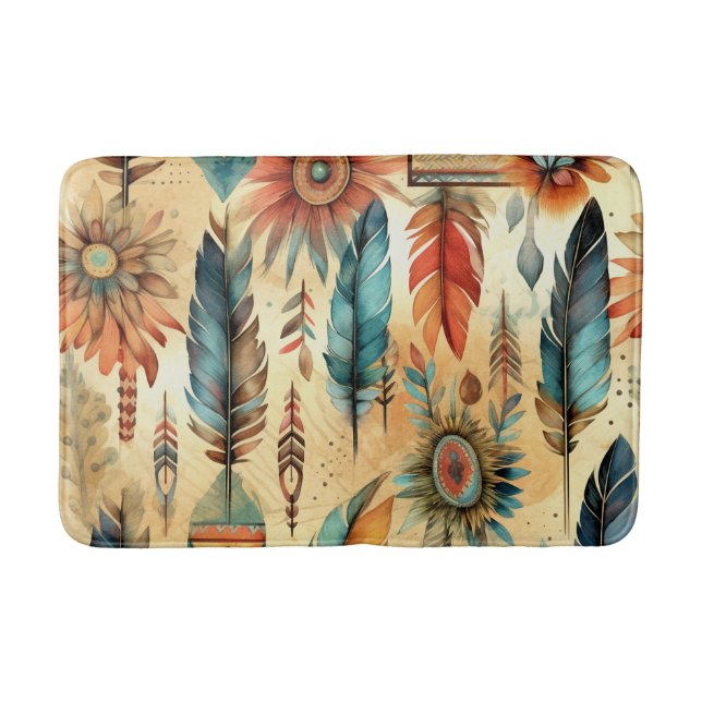 Aztec Boho Tribal Blue Feathers Bath Mat (Front)
