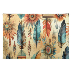 Aztec Boho Tribal Blue Feathers Cloth Placemat