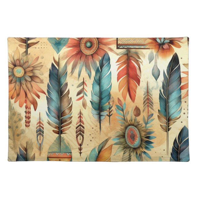 Aztec Boho Tribal Blue Feathers Cloth Placemat (Front)