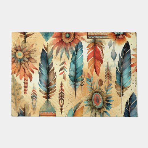 Aztec Boho Tribal Blue Feathers Doormat