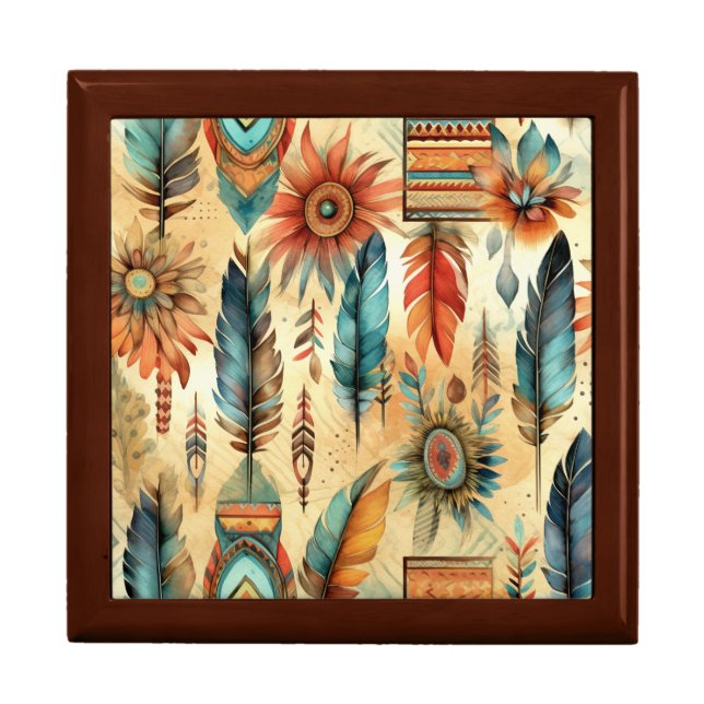 Aztec Boho Tribal Blue Feathers Gift Box (Front)