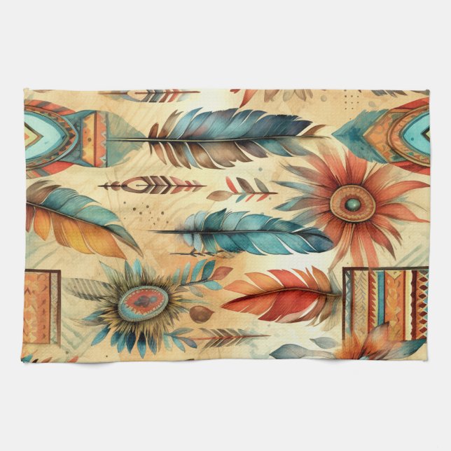 Aztec Boho Tribal Blue Feathers Kitchen Towel (Horizontal)