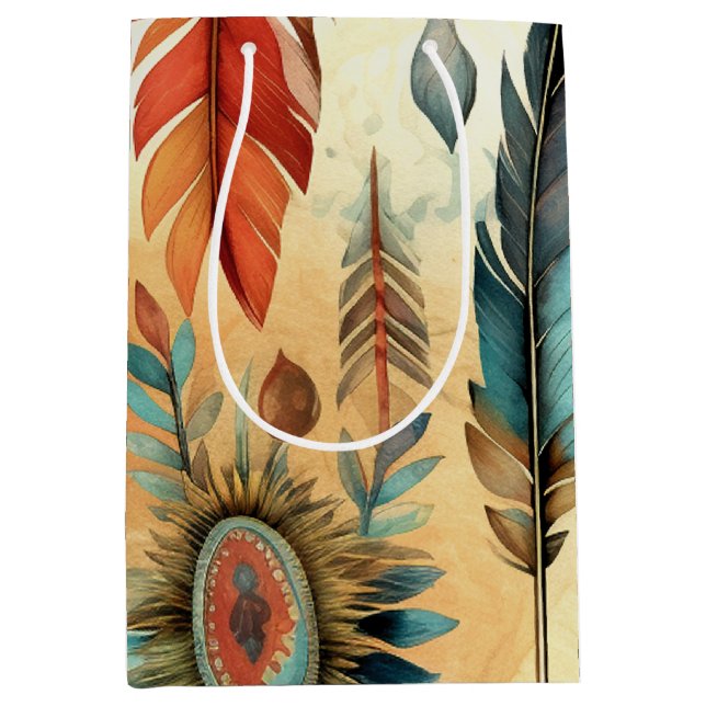Aztec Boho Tribal Blue Feathers Medium Gift Bag (Front)