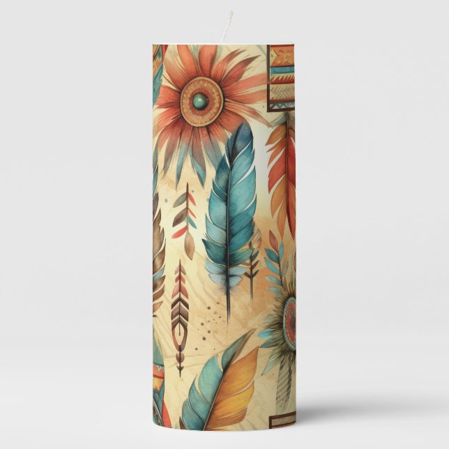 Aztec Boho Tribal Blue Feathers Pillar Candle (Front)
