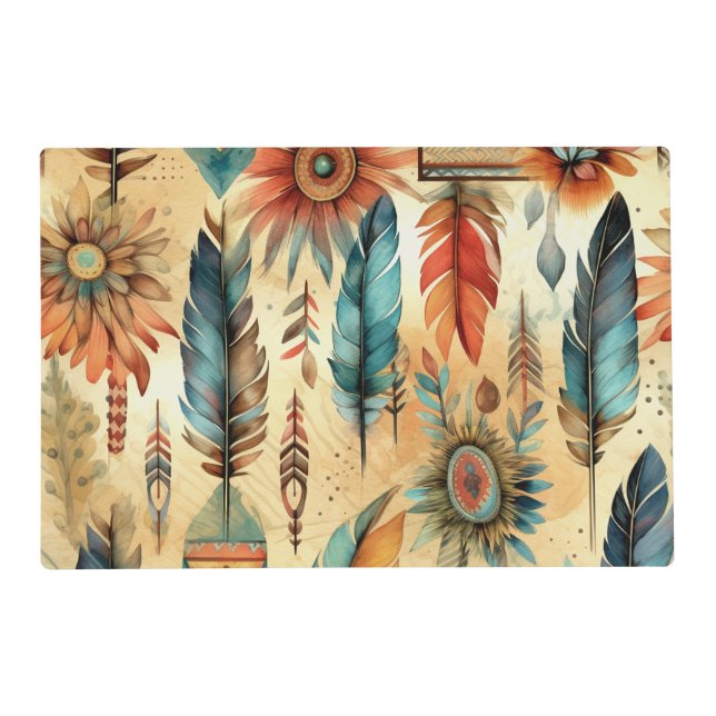 Aztec Boho Tribal Blue Feathers Placemat (Front)