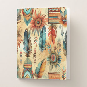 Aztec Boho Tribal Blue Feathers Pocket Folder