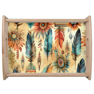 Aztec Boho Tribal Blue Feathers Serving Tray