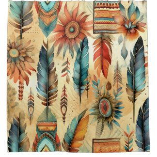 Aztec Boho Tribal Blue Feathers Shower Curtain
