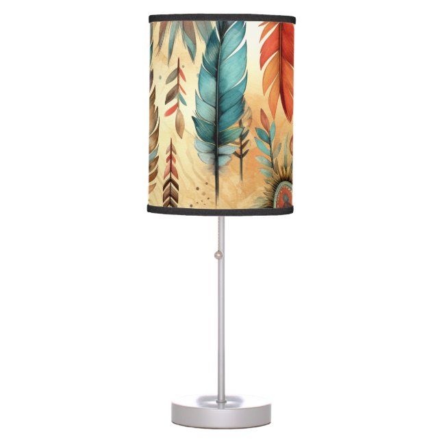 Aztec Boho Tribal Blue Feathers Table Lamp (Front)