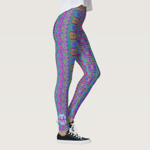 Aztec Bright Tribal Monogram Optional Girly Chic Leggings