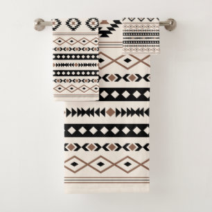 Aztec Brown Black Cream Mixed Motifs Pattern Bath Towel Set