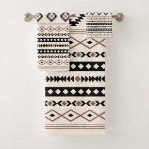 Aztec White on Black Mixed Motifs Pattern Bath Towel Set