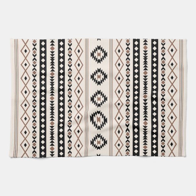 Aztec Brown Black Cream Mixed Motifs V Pattern Kitchen Towel (Horizontal)