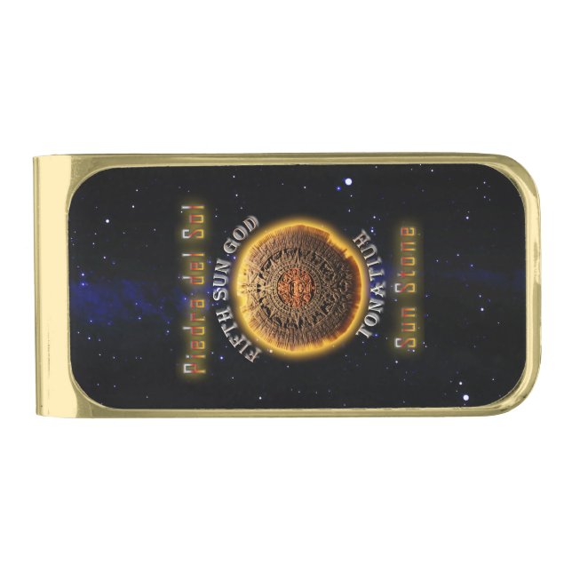 Aztec calendar stone gold finish money clip (Front)