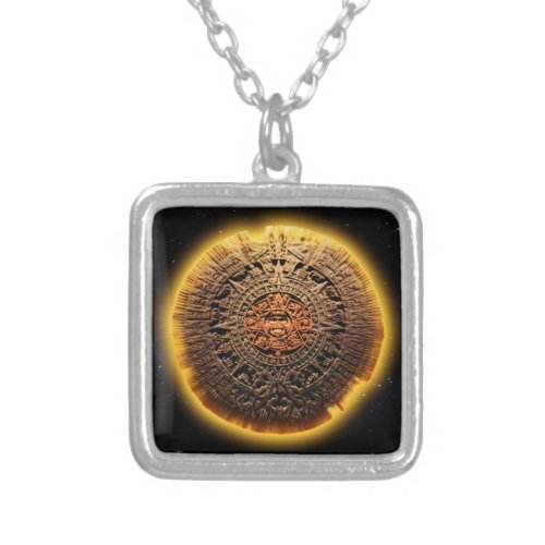 aztec calendar stone silver plated necklace