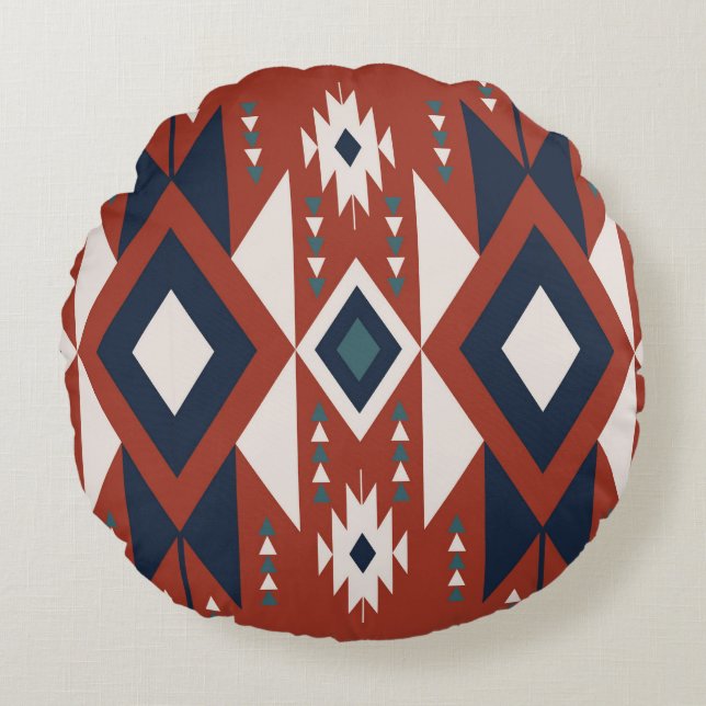 Aztec Copper and Blue Design Round Pillow (Front)