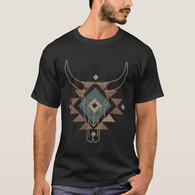 Aztec Cow Skull South Western Cow Desert T-Shirt (Front)