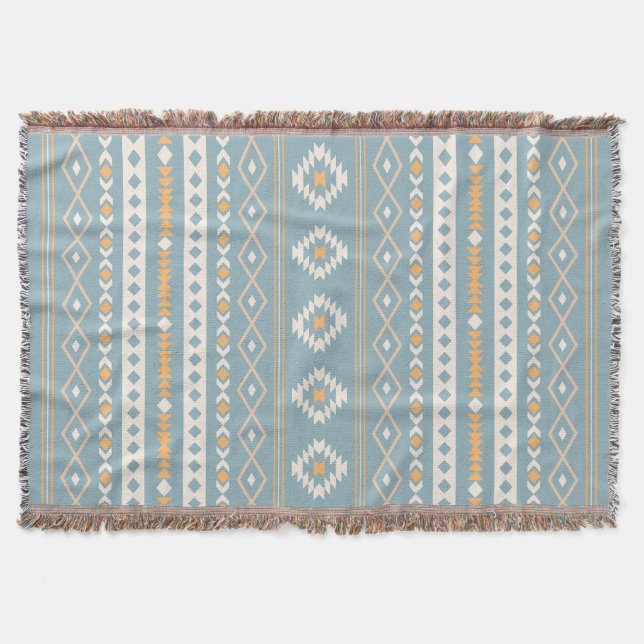 Aztec Cream Orange Blue Mixed Motif V Pattern Throw Blanket (Front)