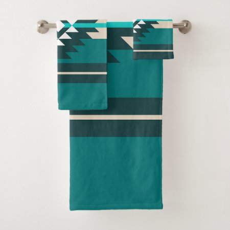 Aztec Design In Turquoise Color Bath Towel Set