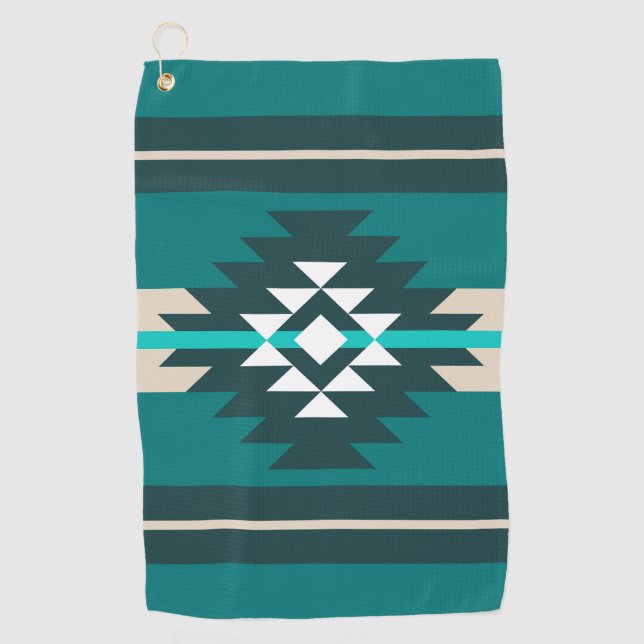 Aztec design in turquoise color golf towel (Front)