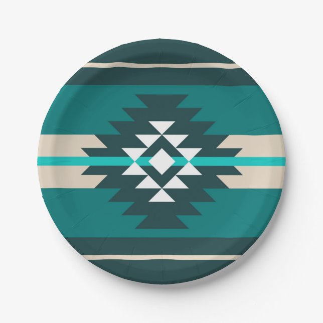 Aztec design in turquoise color paper plates (Front)