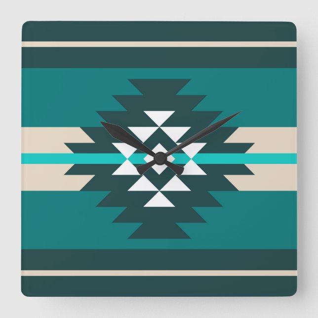 Aztec design in turquoise color square wall clock (Front)