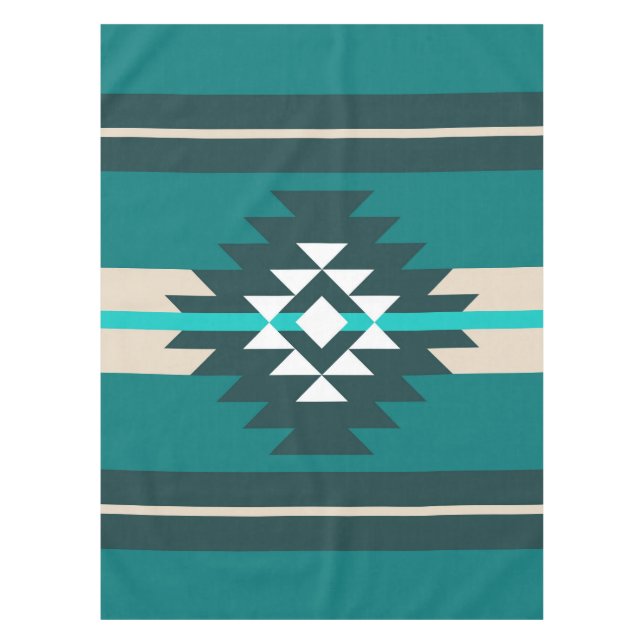 Aztec design in turquoise color tablecloth (Front)