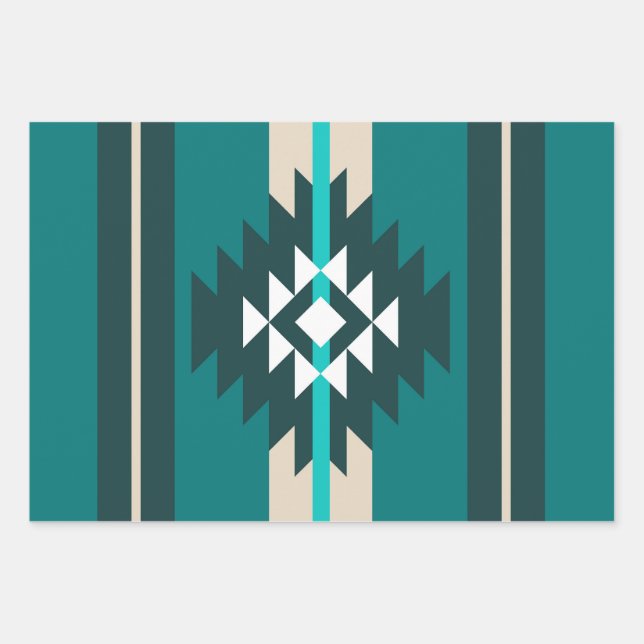 Aztec design in turquoise color wrapping paper sheets (Front)