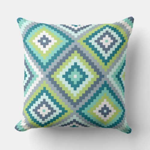 Aztec Diamon Block Ptn Teals Blues Lime White Throw Pillow