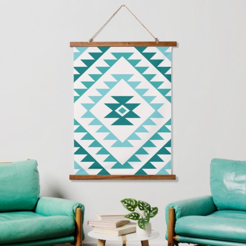 Aztec Diamond Motif Design Teals  Cream Hanging Tapestry