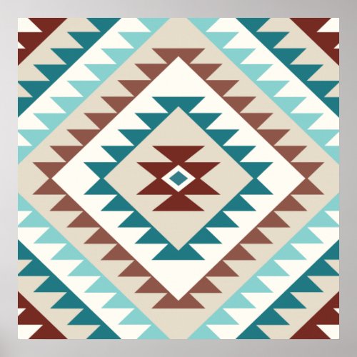 Aztec Diamond Motif Design Teals Creams Browns Poster