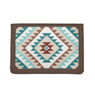 Aztec Diamond Motif Design Teals Creams Browns Tri-fold Wallet