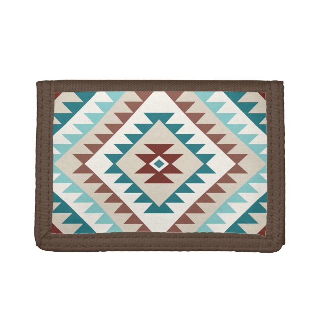 Aztec Diamond Motif Design Teals Creams Browns Trifold Wallet (Front)