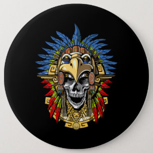 Aztec Eagle Skull Native Indian Warrior Mask Button