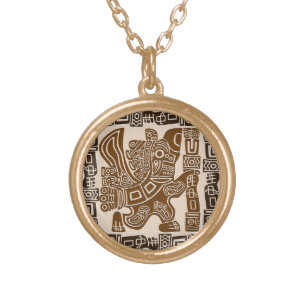 Aztec Eagle Warrior Tribal Ancient Art Gold Plated Necklace