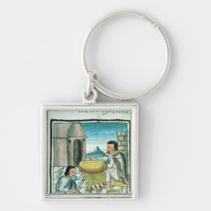 Aztec feather artisans at work keychain