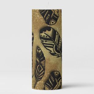 Aztec Feathers Glitter On Parchment Pillar Candle