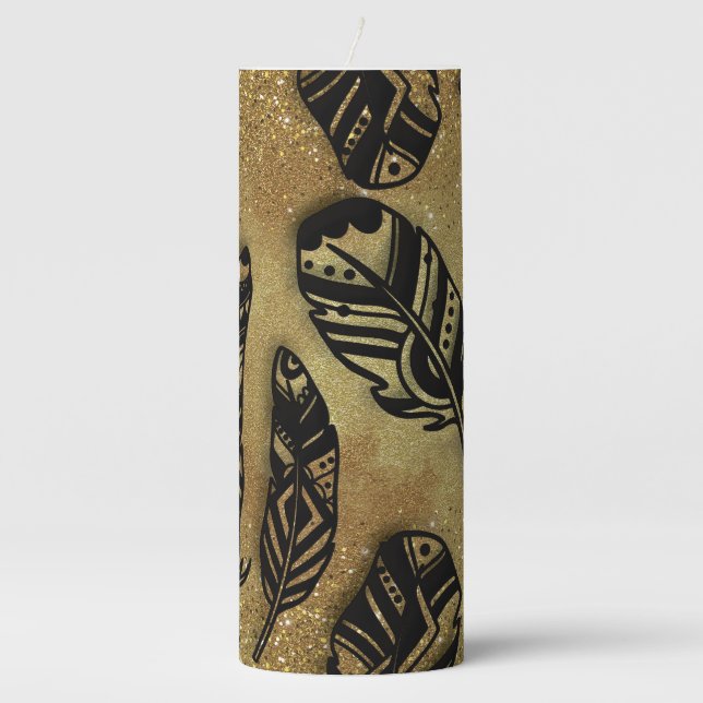 Aztec Feathers Glitter On Parchment Pillar Candle (Front)