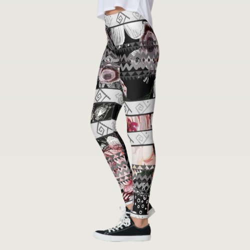 Aztec Floral Pink Purple and Black  Rose Pattern Leggings