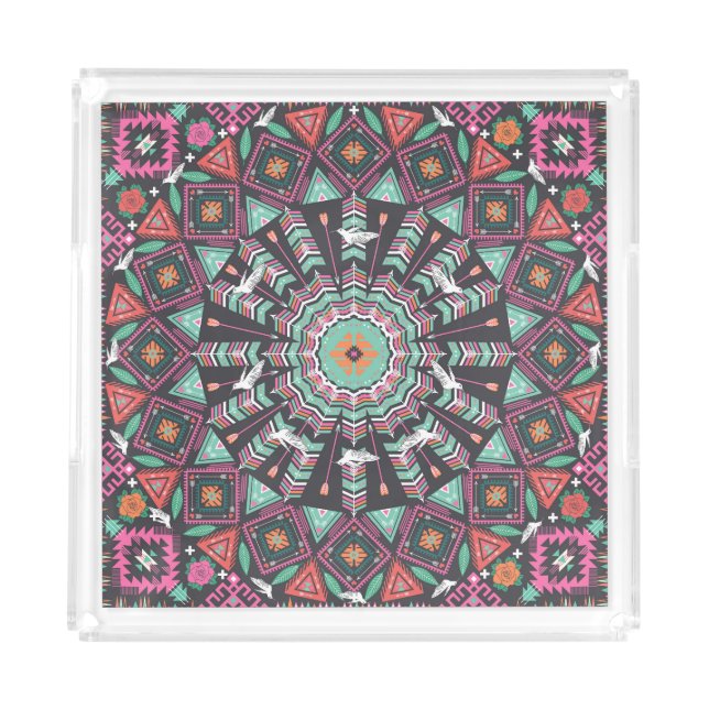 Aztec Geometric: Colorful Circle Pattern Acrylic Tray (Front)