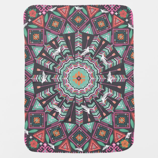 Aztec Geometric: Colorful Circle Pattern Baby Blanket (Front)