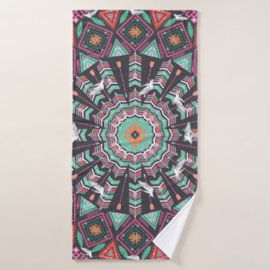 Aztec Geometric: Colorful Circle Pattern Bath Towel