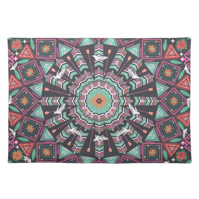 Aztec Geometric: Colorful Circle Pattern Cloth Placemat (Front)