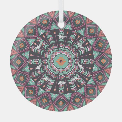 Aztec Geometric Colorful Circle Pattern Glass Ornament