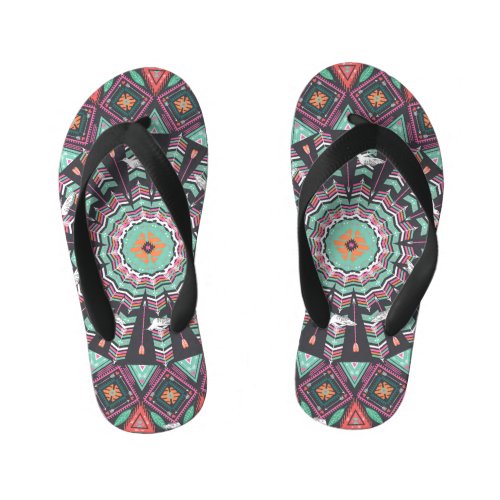 Aztec Geometric Colorful Circle Pattern Kids Flip Flops