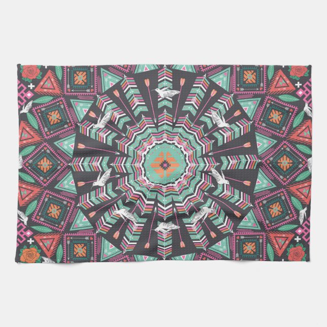 Aztec Geometric: Colorful Circle Pattern Kitchen Towel (Horizontal)