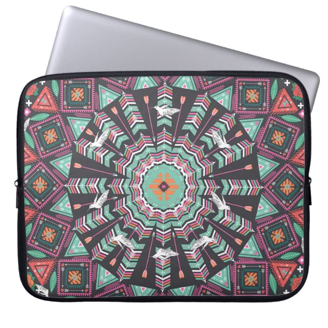 Aztec Geometric: Colorful Circle Pattern Laptop Sleeve (Front)