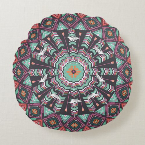 Aztec Geometric Colorful Circle Pattern Round Pillow