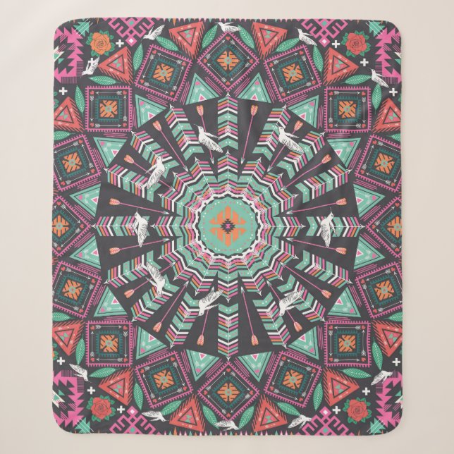 Aztec Geometric: Colorful Circle Pattern Sherpa Blanket (Front)